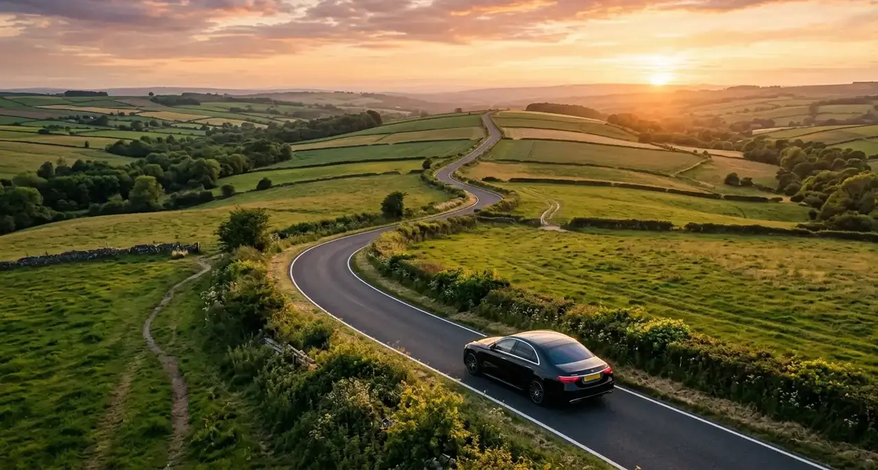 Bath to Stonehenge private tour — Mercedes E-Class at sunset